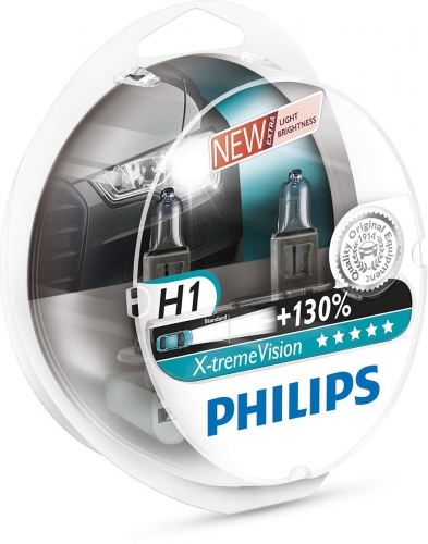 Лампа PHILIPS H1 12V 55W P14,5S X-TREME VISION + 130%  2шт