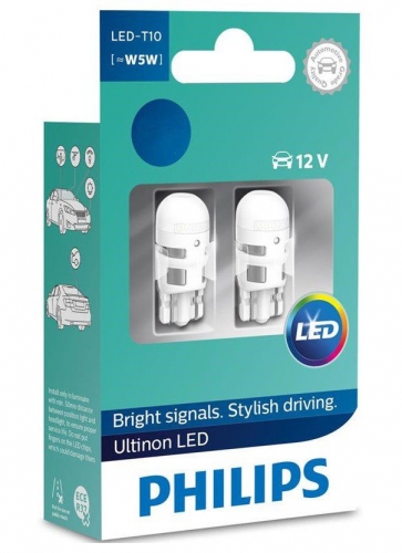 Лампа Ultinon white LED W5W 0.6W, 12V, w2.1x9.5d, 4000K 2шт Philips