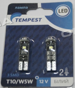 Лампа LED T10 2SMD W5W 12V WHITE 2шт TEMPEST