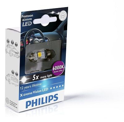 Лампа Philips LED 12 [В] C5W 10,5x43 X-tremeVision LED 1W цоколь SV8,5-8 6000K
